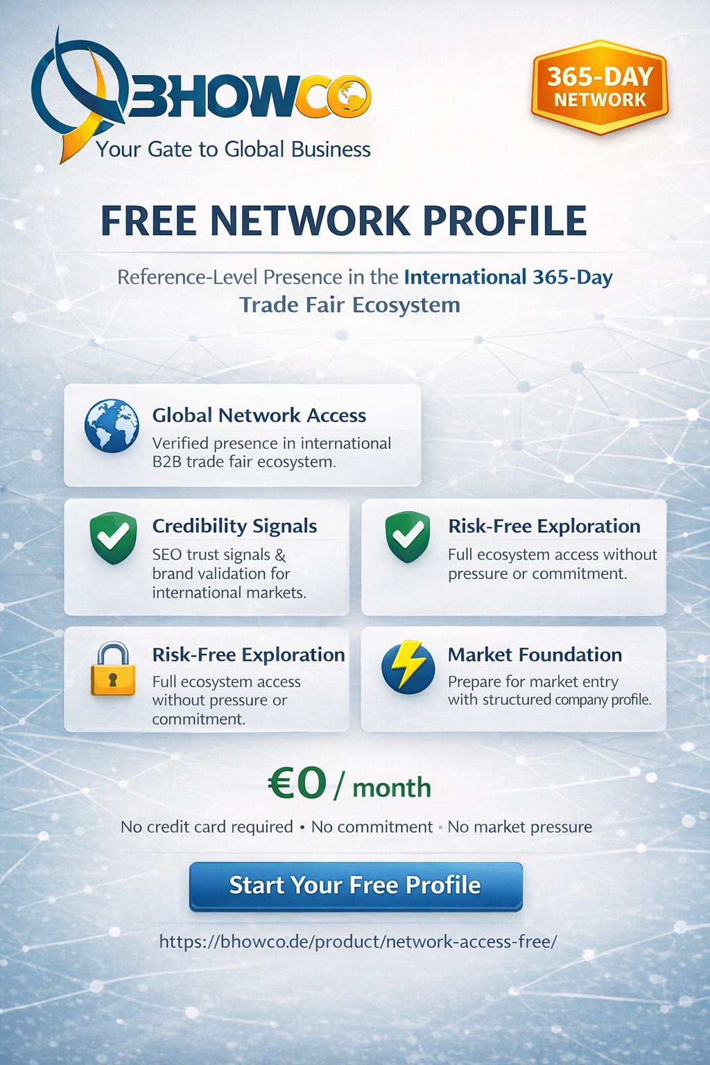 BHOWCO_Network_Access_FREE "Free Network Profile - €0/month international B2B trade fair visibility"