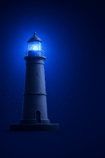 Starter Network — a single lit beacon glowing steadily against a dark background, representing year-round company visibility for international trade fair exhibitors