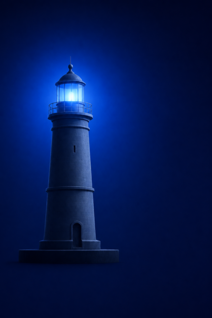 Starter Network — a single lit beacon glowing steadily against a dark background, representing year-round company visibility for international trade fair exhibitors