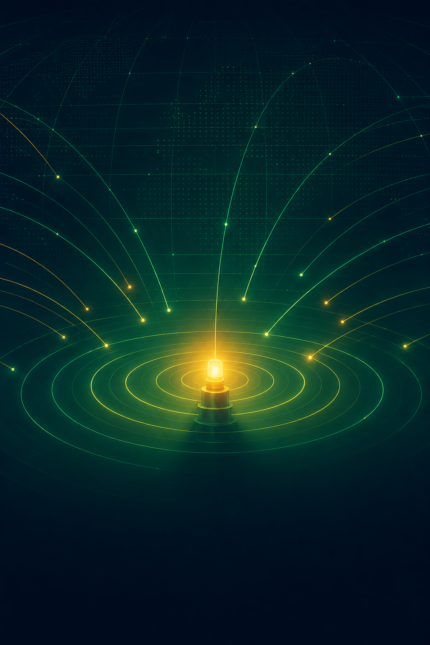 Abstract illustration of a glowing beacon representing continuous international Growth Network : visibility for B2B trade fair exhibitors