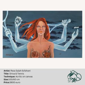 Acrylic painting "Shiva & Tennis" by Reza Salah Esfahani — a multi-armed female figure with red hair holds a tennis racket, a phone, and a shuttlecock against a dark blue sky, with flower tattoos across her chest.