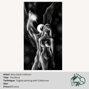 Digital painting "The Blind" by Reza Salah Esfahani — an angel closes the eyes of a female figure while a dagger is raised above her, symbolising seduction that blinds perception from truth.