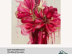 Bloom in Gold and Crimson by Aylin Rashidi Rostami, oil painting, 100 cm x 100 cm, showcasing vibrant colors and emotional depth.