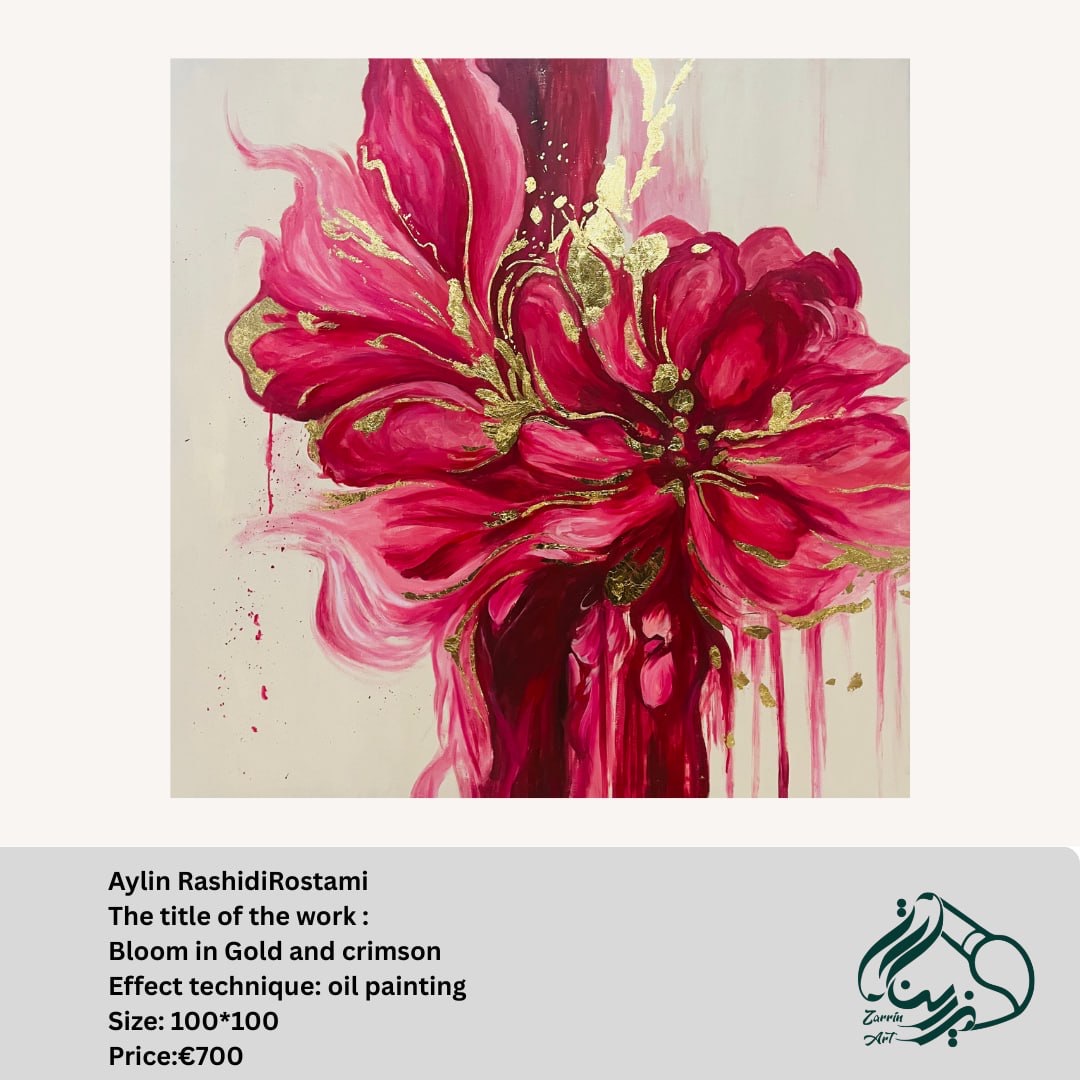 Bloom in Gold and Crimson by Aylin Rashidi Rostami, oil painting, 100 cm x 100 cm, showcasing vibrant colors and emotional depth.