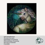 Dreamkeeper of the Woods by Aylin Rashidi Rostami, oil painting, 30 cm in diameter, showcasing vibrant colors and a whimsical forest theme.