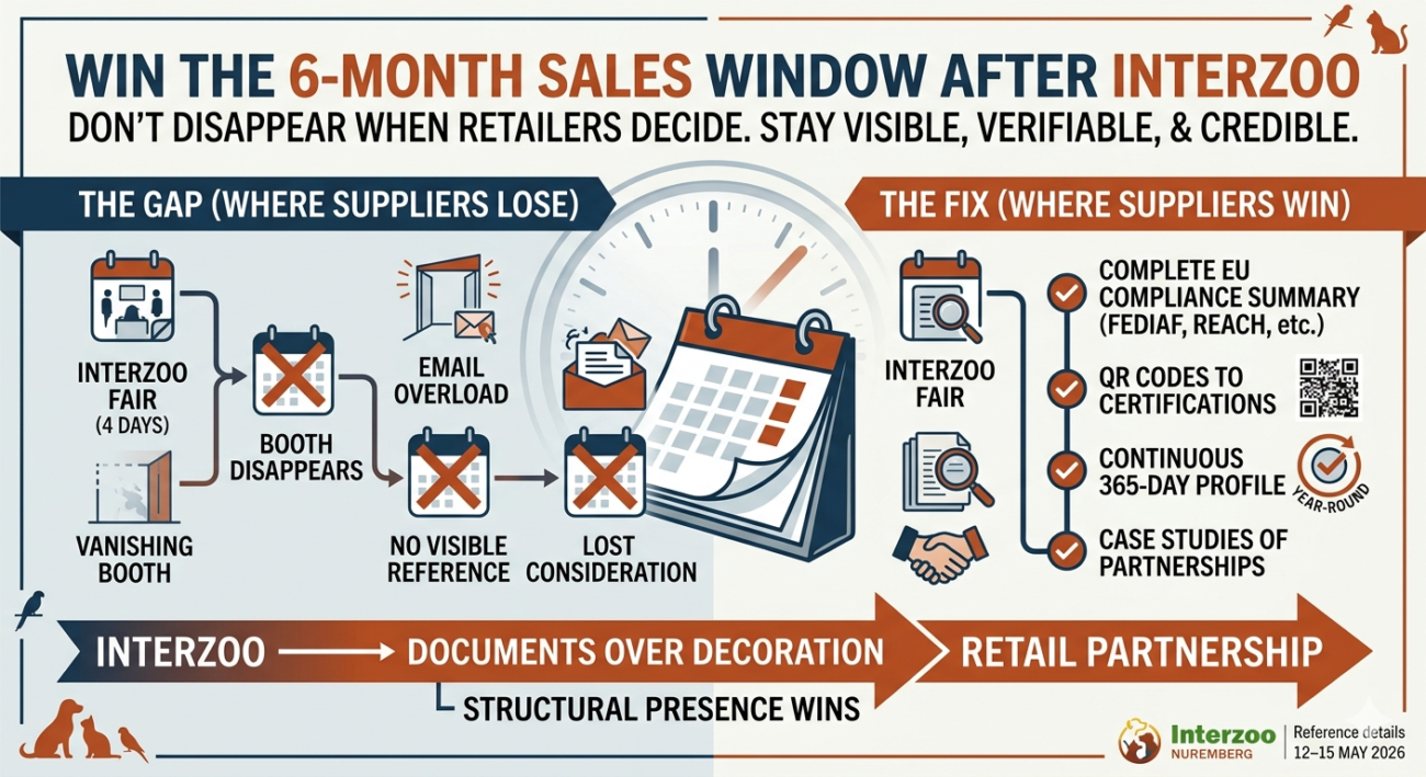 Global pet supply chain validation at Interzoo Nuremberg - exhibitor presenting EU compliance documents to European retailer