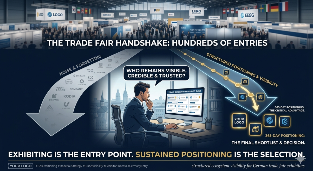 Comparison chart showing 3-day trade fair visibility versus 365-day continuous presence for B2B exhibitors