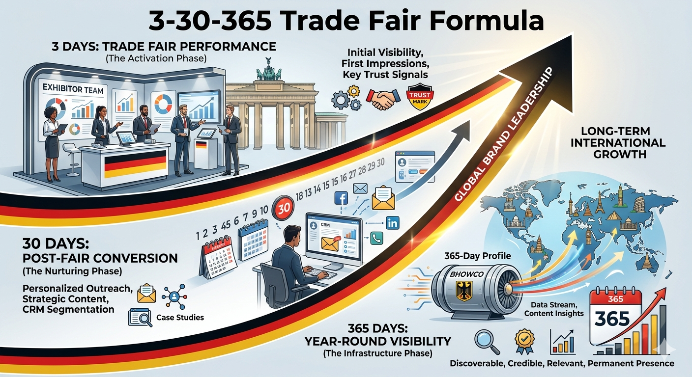 3-30-365 trade fair formula showing visibility timeline from 3-day booth to 30-day conversion window to 365-day global credibility infrastructure