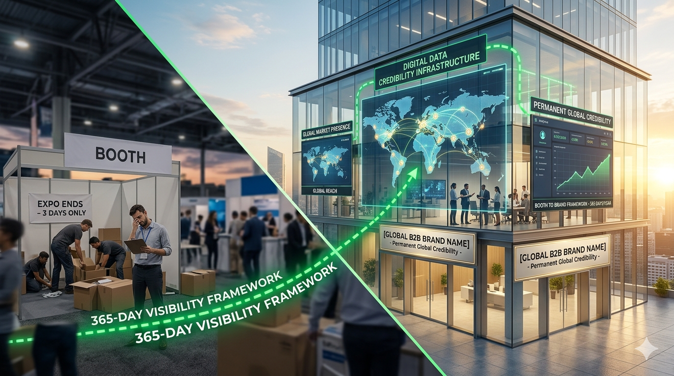 From booth to brand 365-day visibility framework showing transformation from temporary exhibition presence to permanent global B2B credibility infrastructure