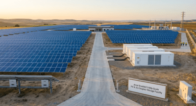 A wide aerial view of a massive utility-scale solar power plant featuring Ampt’s string-level optimizers integrated with a DC-coupled battery energy storage system (BESS). The image showcases a modern infrastructure with white battery containers and rows of PV panels, illustrating how Ampt lowers LCOE and improves round-trip efficiency for large-scale solar-plus-storage projects.