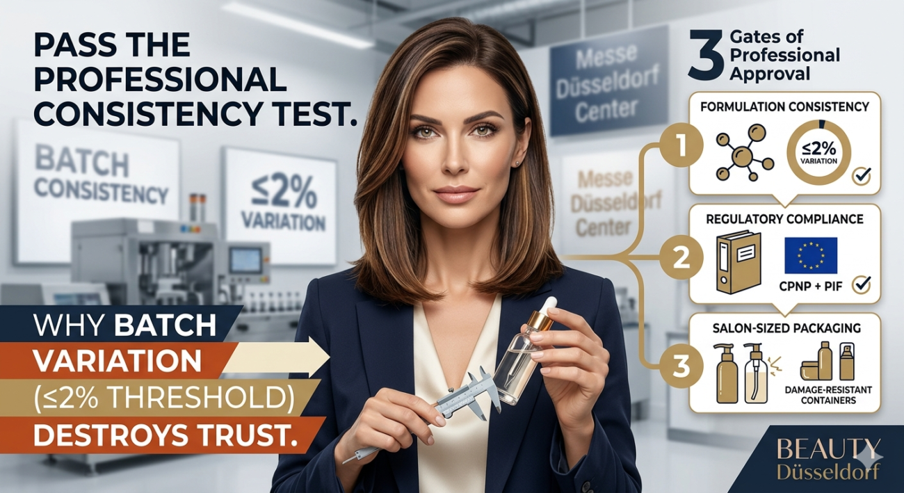 Professional salon buyer reviewing batch consistency data at BEAUTY Düsseldorf exhibition booth