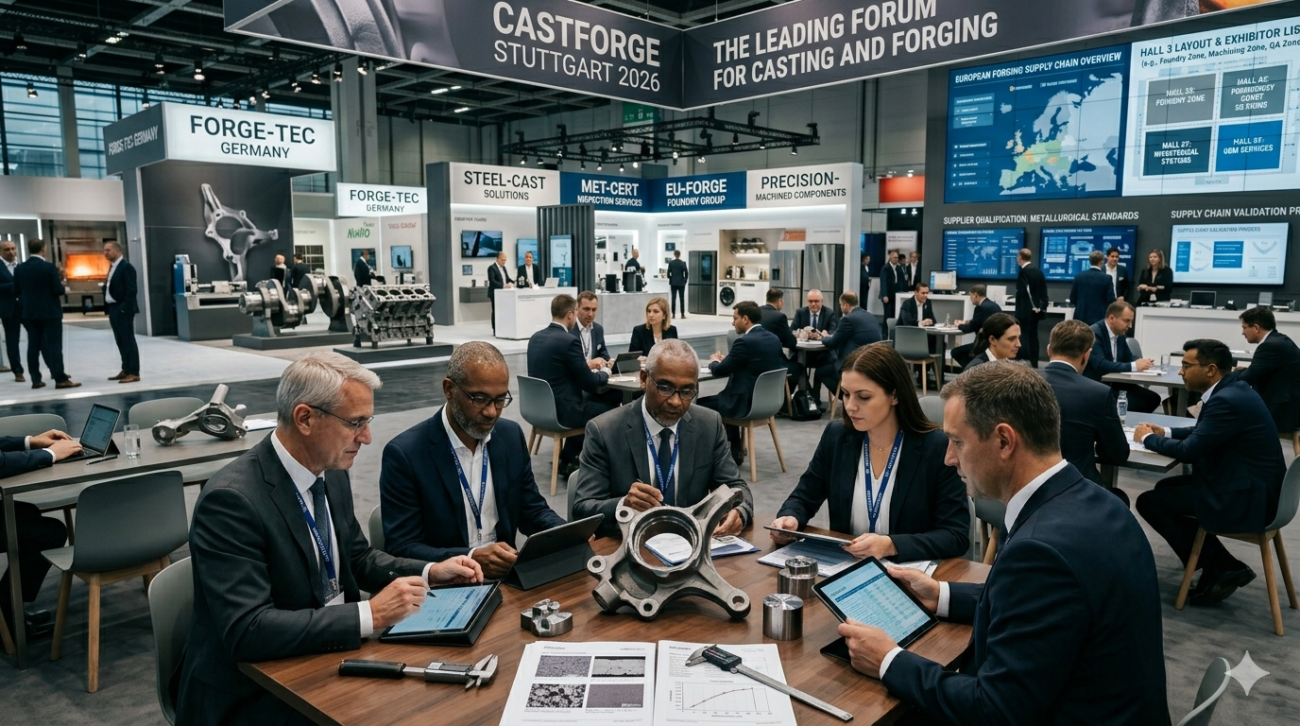 Official CastForge Stuttgart exhibitor list 2026 preview showing confirmed casting and forging suppliers, machining services, and hall layout at Messe Stuttgart