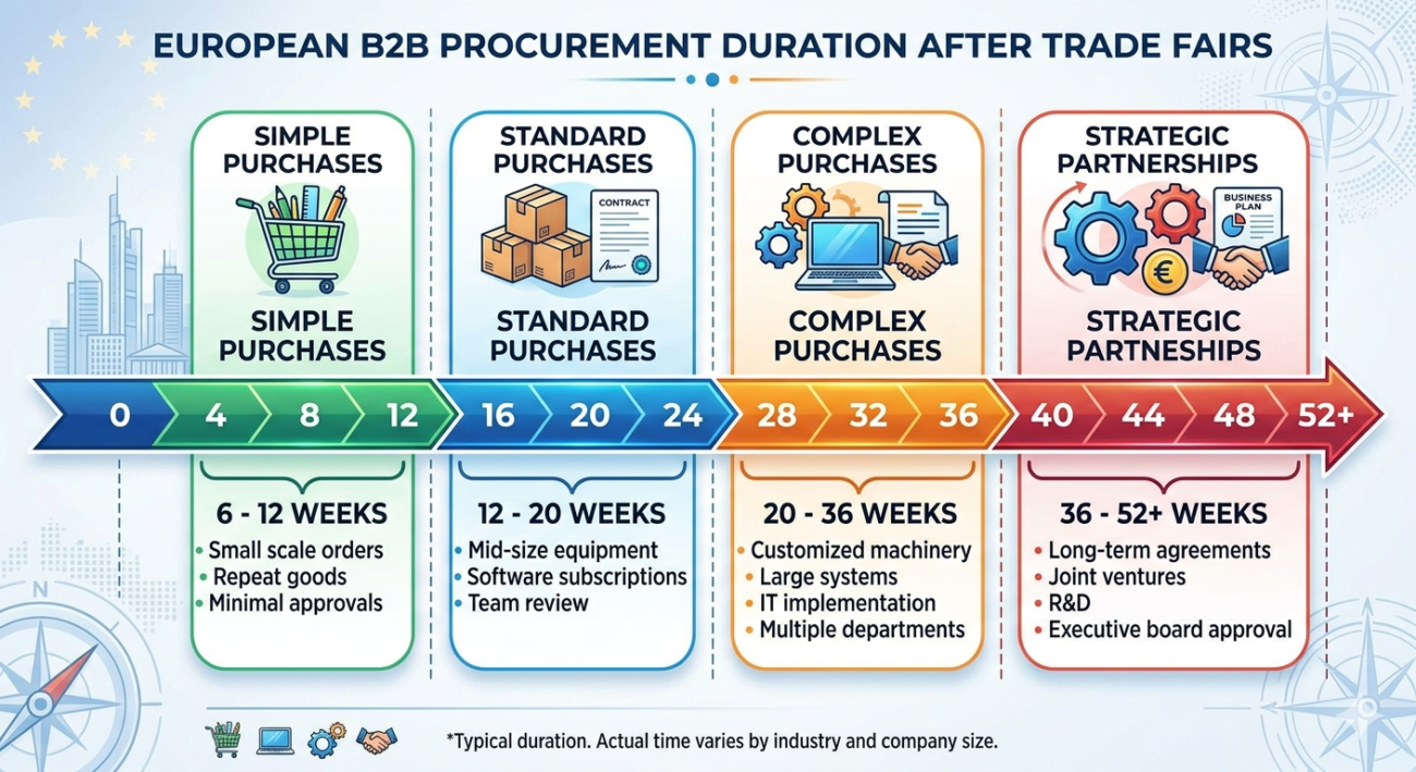 Timeline showing European B2B procurement duration after trade fairs: simple purchases 6-12 weeks, standard purchases 12-20 weeks, complex purchases 20-36 weeks, strategic partnerships 36-52+ weeks