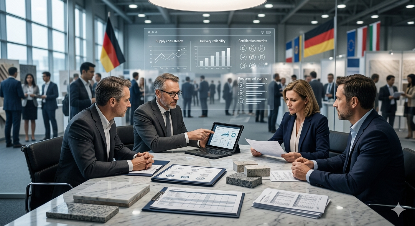 Timeline showing European buyer silent evaluation process over 24 weeks: initial sorting, first online verification, deep evaluation, and decision or deferral phases