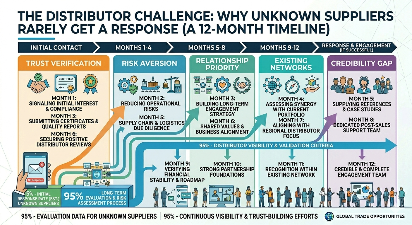 Diagram showing why European distributors rarely respond to unknown suppliers: trust verification, risk aversion, relationship priority, existing networks, and credibility gaps over the evaluation timeline