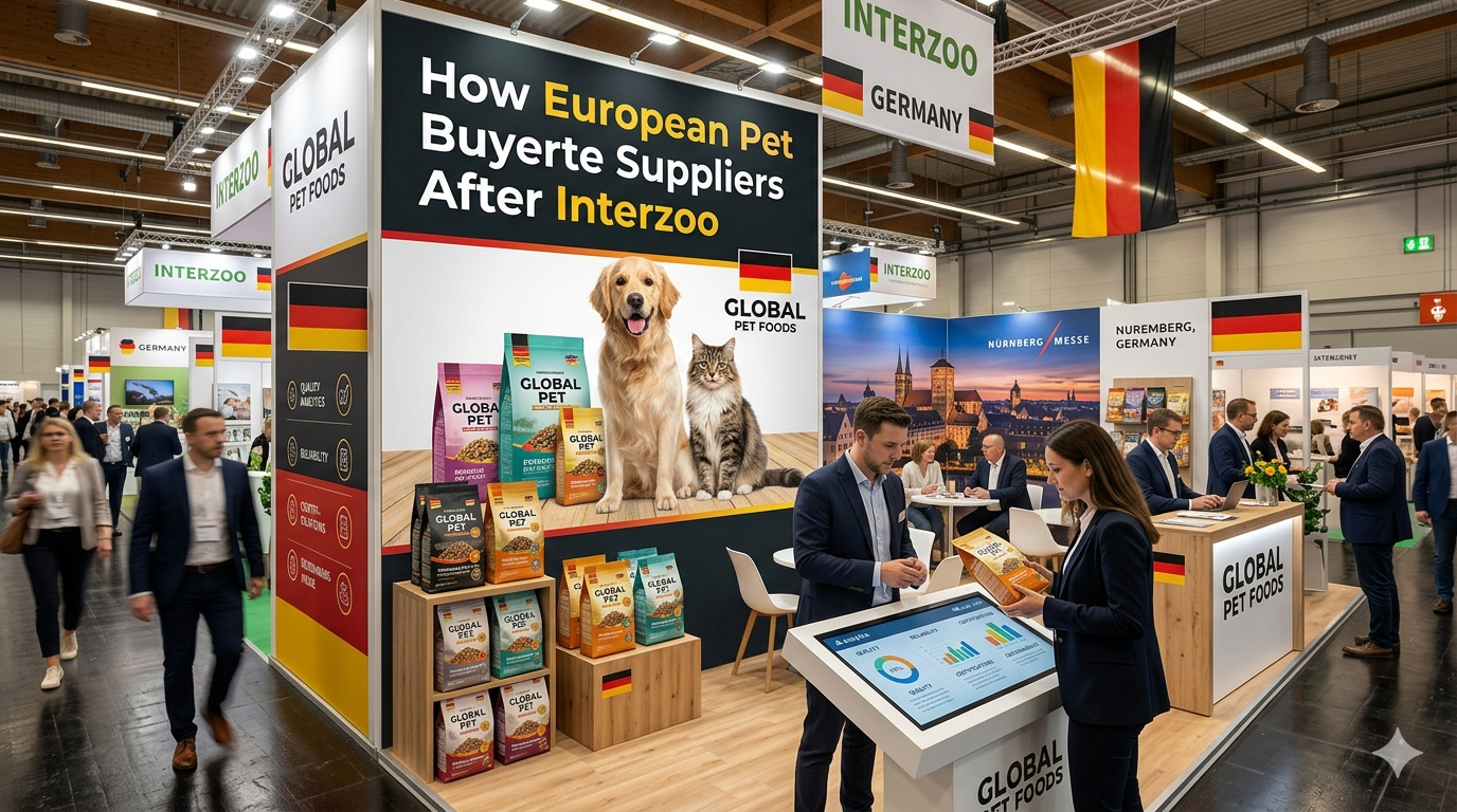European pet buyers supplier evaluation process after Interzoo Nuremberg, showing silent due diligence window and procurement decision factors