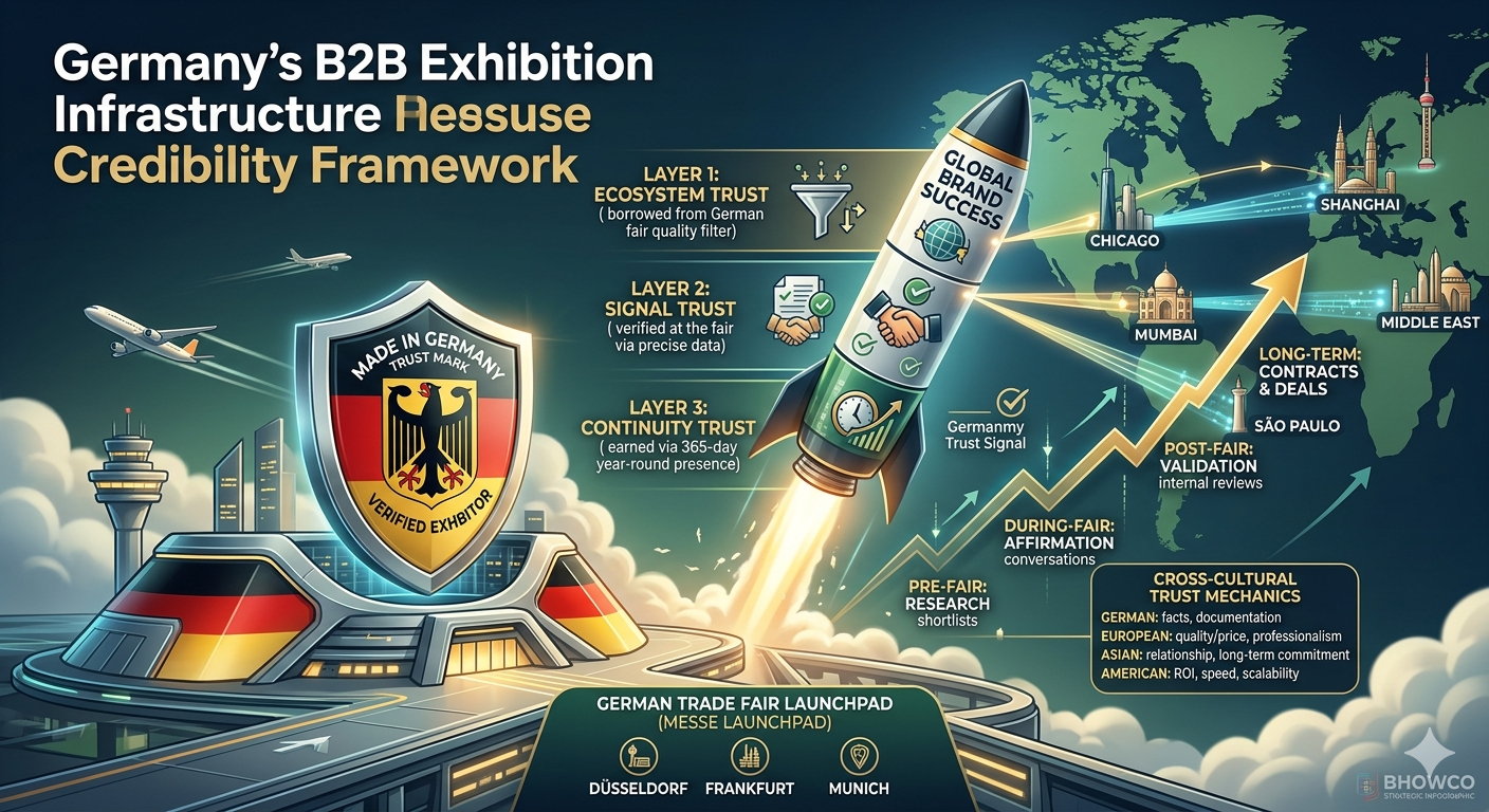 German exhibition ecosystem credibility showing Messe Frankfurt as global B2B trust hub with 365-day visibility infrastructure connecting international buyers and exhibitors