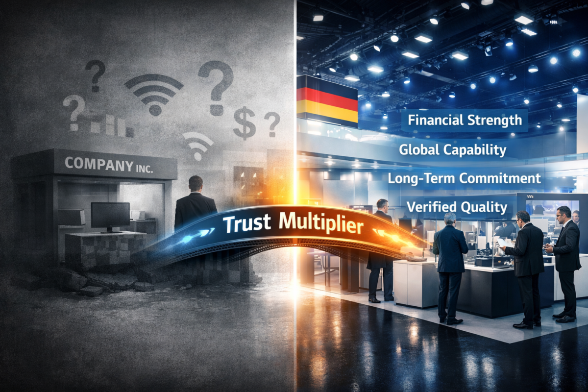 German trade fair presence as trust multiplier showing international buyers interpreting exhibition participation as proof of global professionalism and year-round B2B credibility