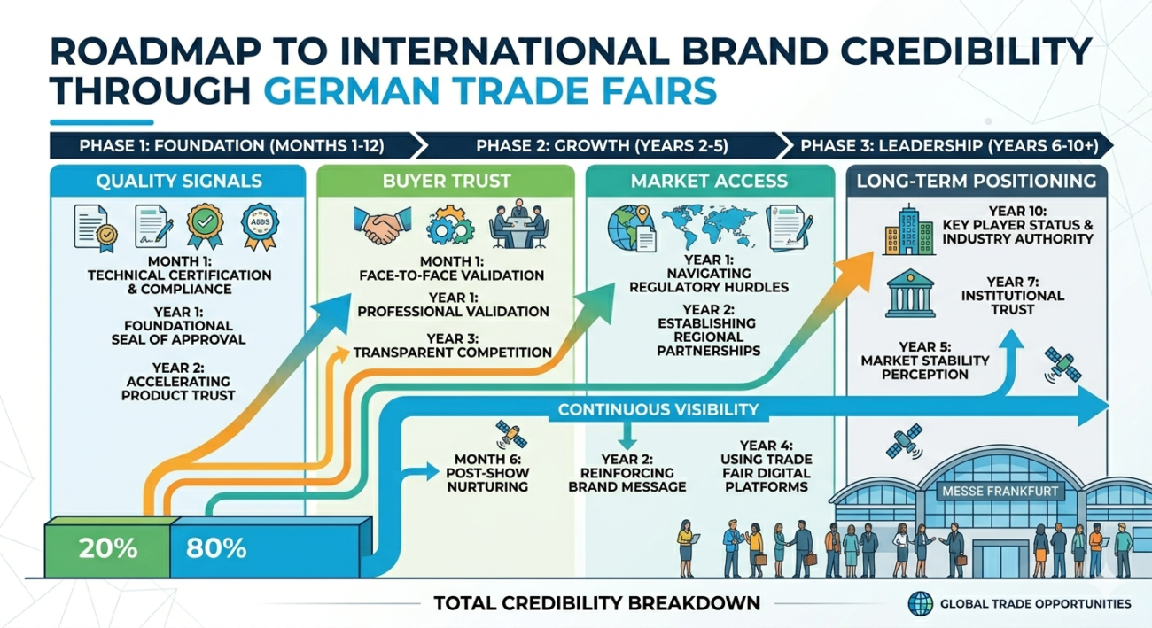 Framework showing how German trade fairs build international brand credibility through quality signals, buyer trust, market access, continuous visibility, and long-term positioning over time
