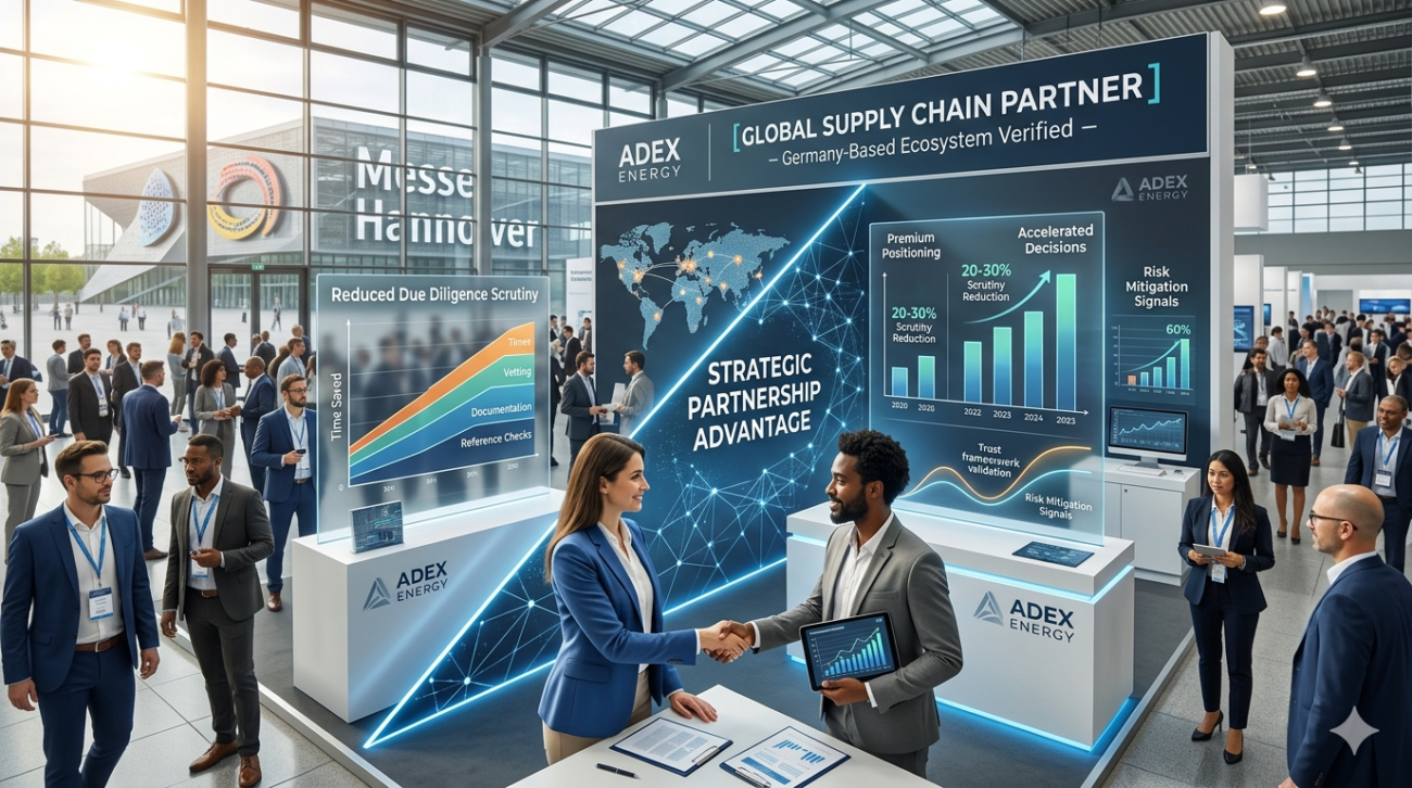 Due diligence advantage of Germany-based exhibition presence showing reduced buyer verification burden through ecosystem validation layers and trust framework pillars