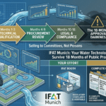 Municipal procurement committee reviewing environmental compliance documentation at IFAT Munich exhibition
