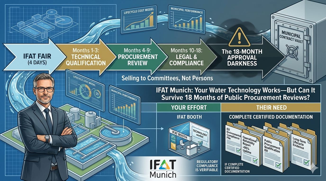 Municipal procurement committee reviewing environmental compliance documentation at IFAT Munich exhibition