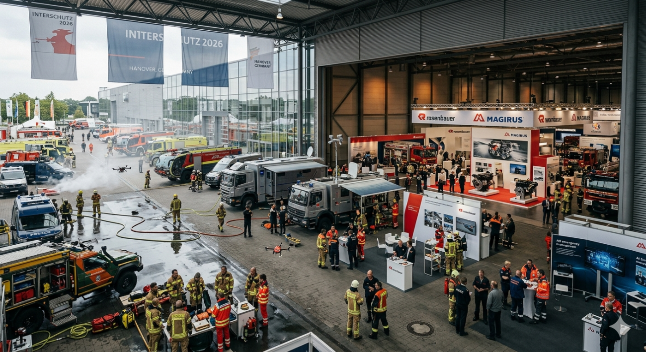 Official Interschutz Hanover exhibitor list 2026 preview showing confirmed firefighting, rescue, and civil protection suppliers at Messe Hanover