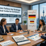 Interzoo follow-up strategy timeline for pet industry exhibitors, showing 30-60-90 day framework and common buyer expectations