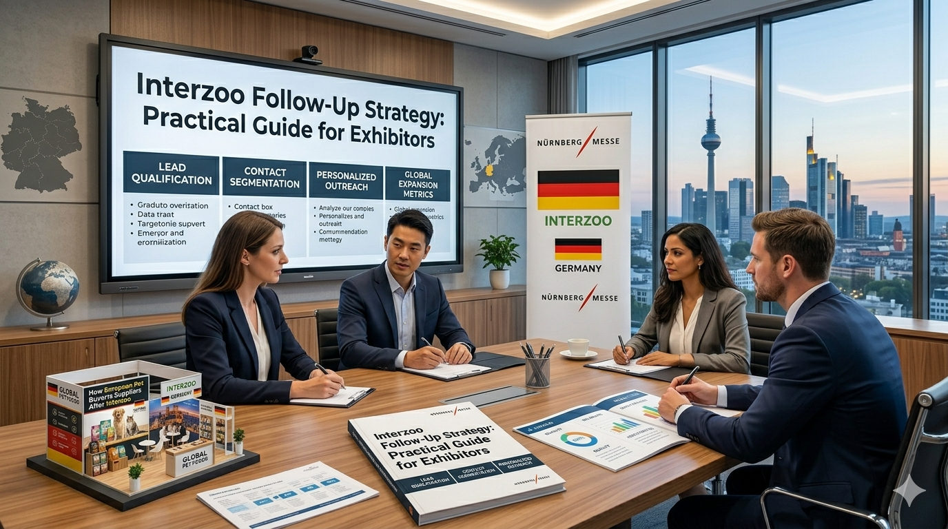 Interzoo follow-up strategy timeline for pet industry exhibitors, showing 30-60-90 day framework and common buyer expectations