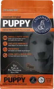 OPuppy_12lb_Front Annamaet sustainable Bio-Flex biodegradable pet food packaging - environmentally responsible dog food manufacturing - MSC certified fish sources