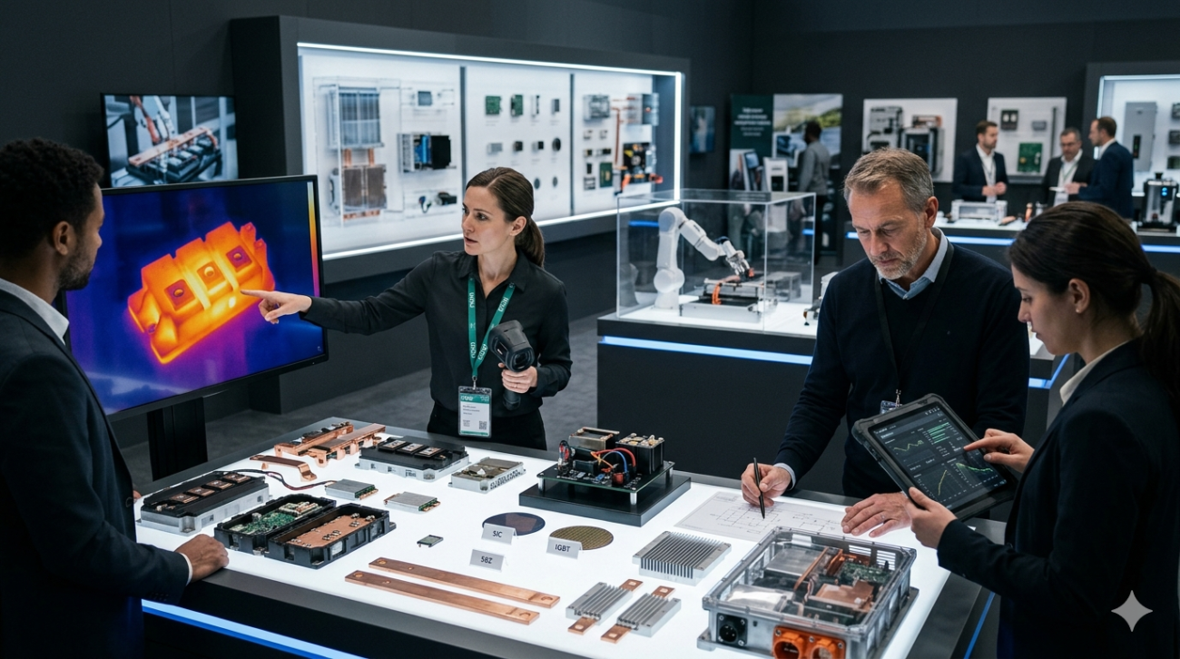 Official PCIM Expo Nuremberg exhibitor list 2026 preview showing confirmed power electronics suppliers, semiconductor manufacturers, and thermal management solutions at Messe Nürnberg