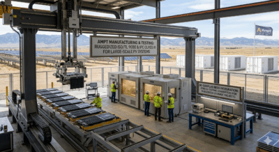 Inside an advanced Ampt manufacturing and stress-testing facility where engineers are performing rigorous quality control on DC power optimizers. The scene highlights the IPC Class III workmanship standards and ruggedized testing for large-scale PV systems, ensuring high performance and reliability for critical energy infrastructure even in harsh environments.