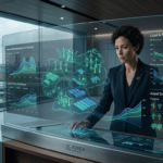 A professional energy strategist interacting with a futuristic transparent digital dashboard displaying AI-driven forecasting for renewable energy portfolios. The interface shows real-time solar and wind generation predictions, load analytics, and grid balance data across Germany and European markets, highlighting ADEX Cast's capability to transform operational complexity into competitive advantage.