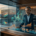 A senior energy executive managing a multi-asset portfolio through ADEX Energy’s secure SaaS platform. The high-tech command center view features interconnector flow analysis, market liquidity volatility charts, and portfolio-wide hedging strategies, backed by ISO 27001 information security and official Nord Pool ISV Partner certification for direct trading connectivity.