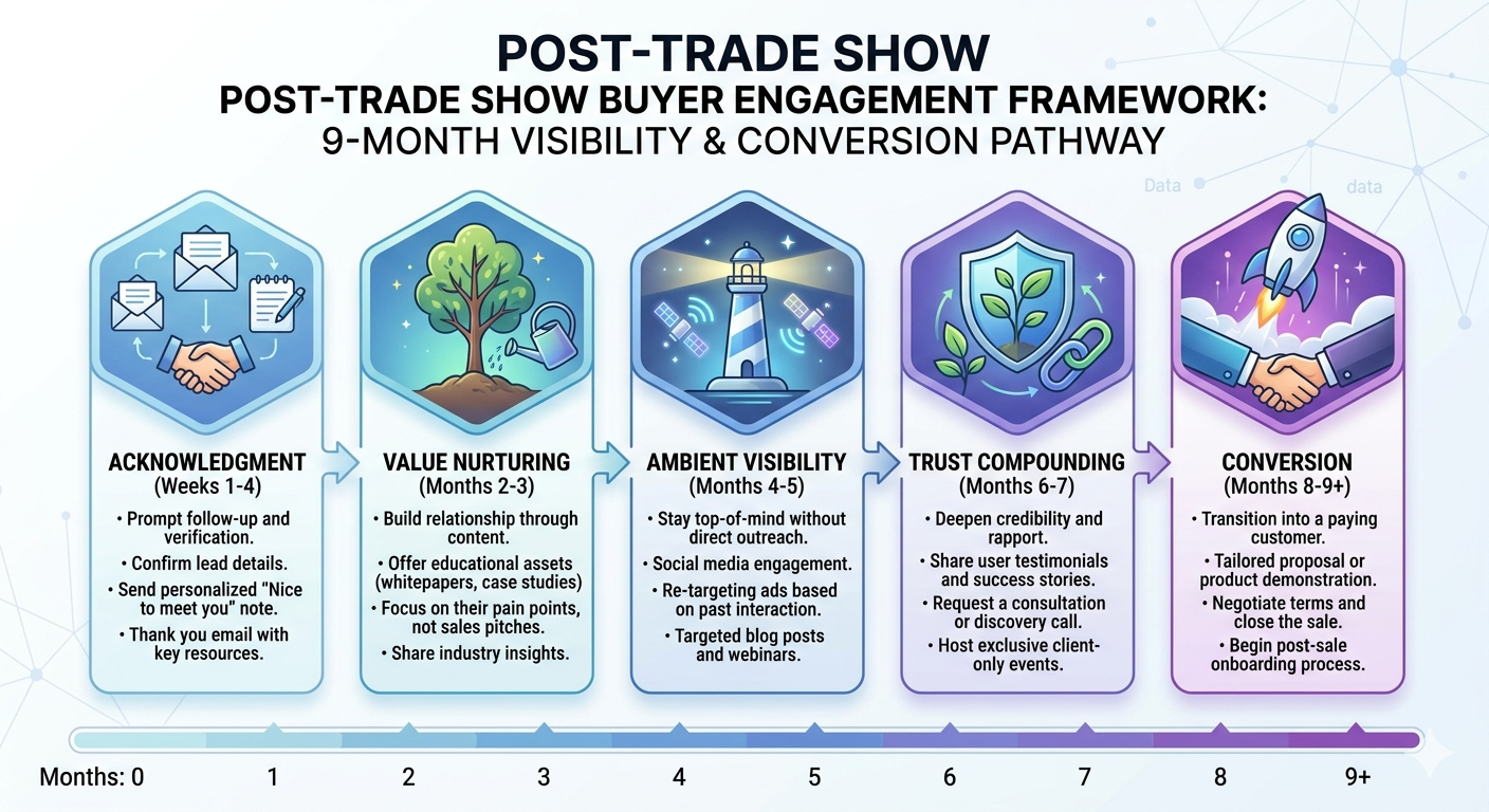 Framework showing how to maintain buyer attention after trade shows through five layers: acknowledgment, value nurturing, ambient visibility, trust compounding, and conversion over 9 months