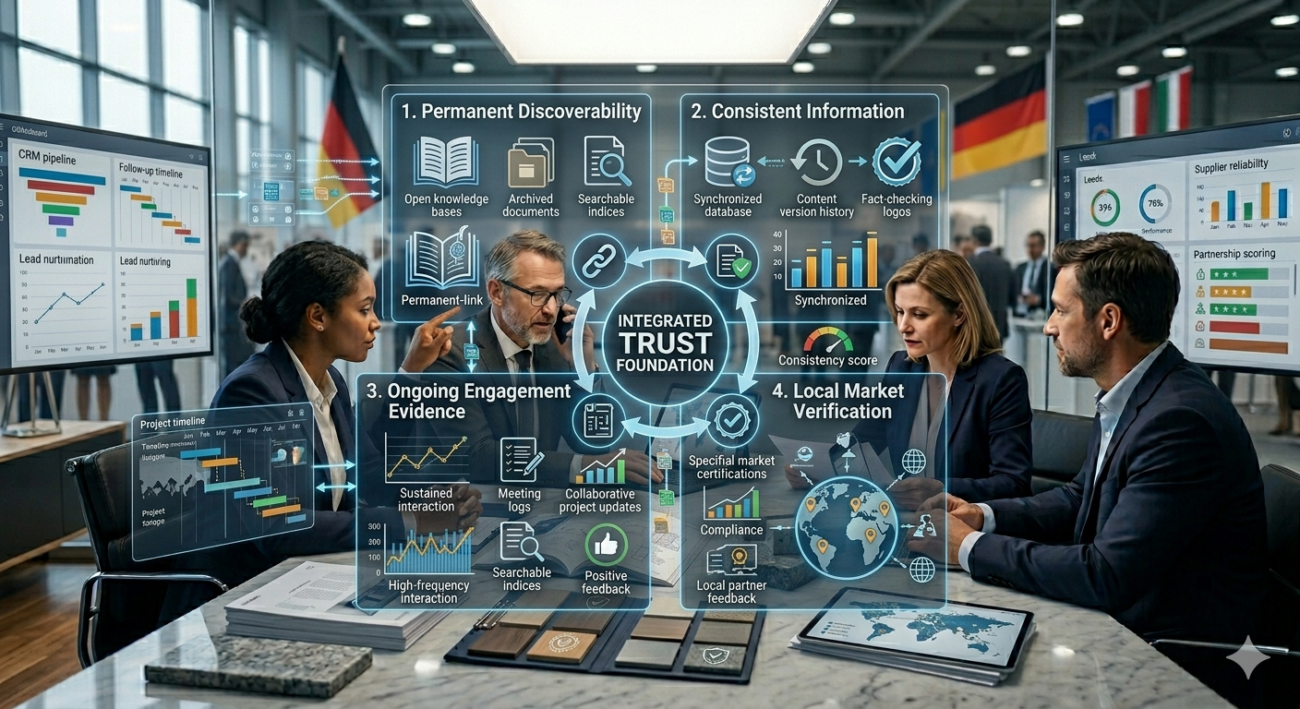Diagram showing four components of buyer trust after trade fair participation: permanent discoverability, consistent information, ongoing engagement evidence, and local market verification working together over time