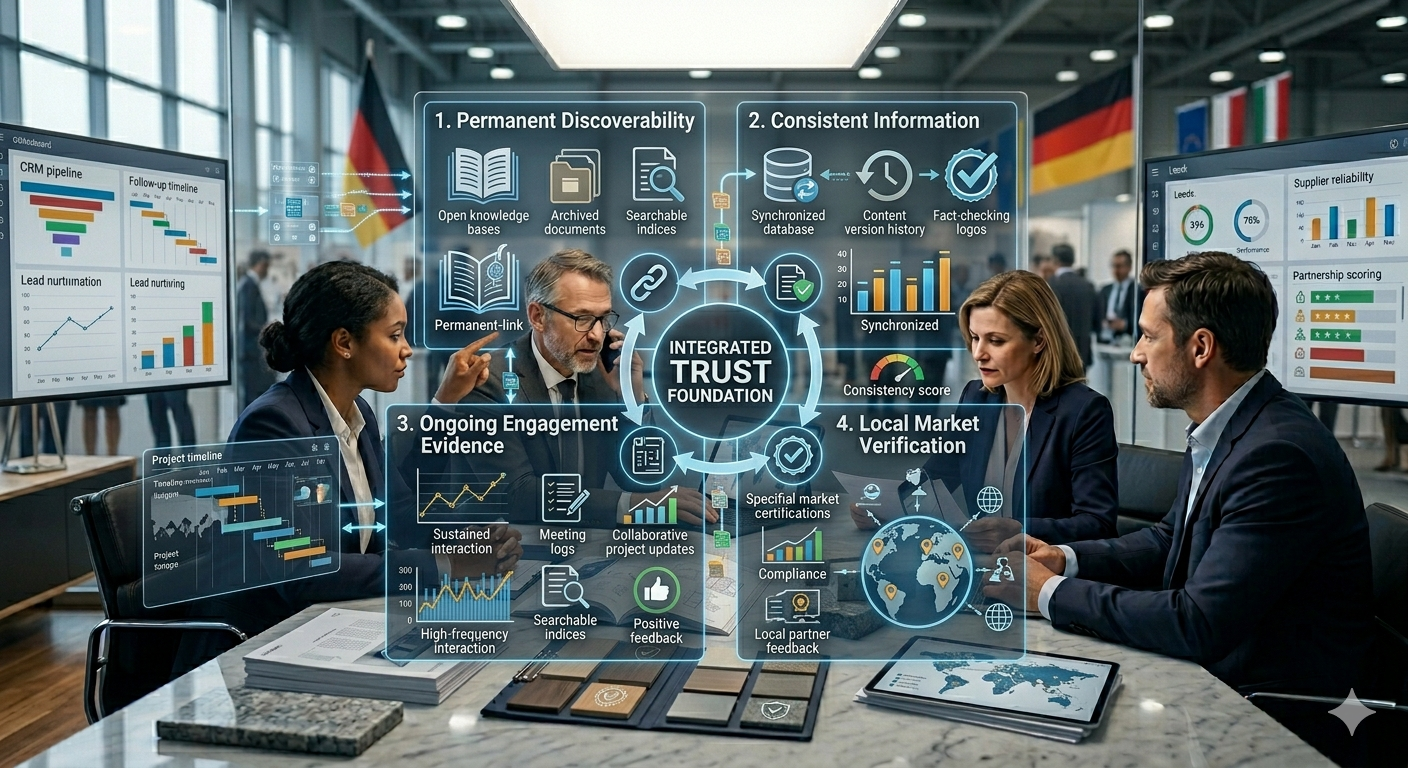 Diagram showing four components of buyer trust after trade fair participation: permanent discoverability, consistent information, ongoing engagement evidence, and local market verification working together over time