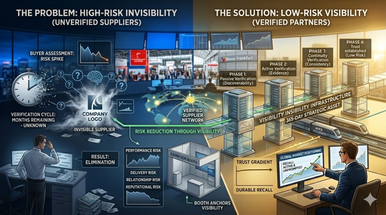 Buyer risk reduction through visibility showing four risk types decreasing as continuous visibility signals increase across time