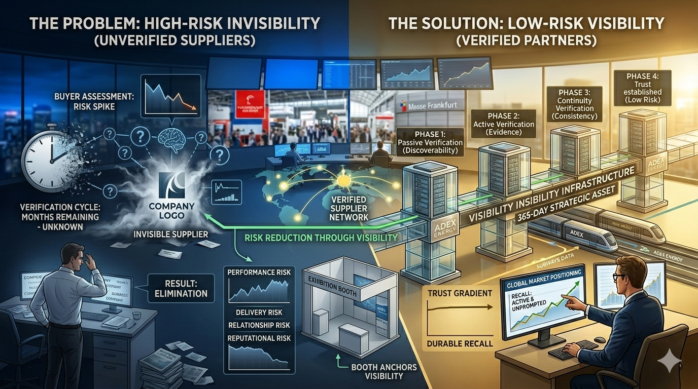 Buyer trust visibility showing four types of buyer risk decreasing as continuous visibility signals increase across time