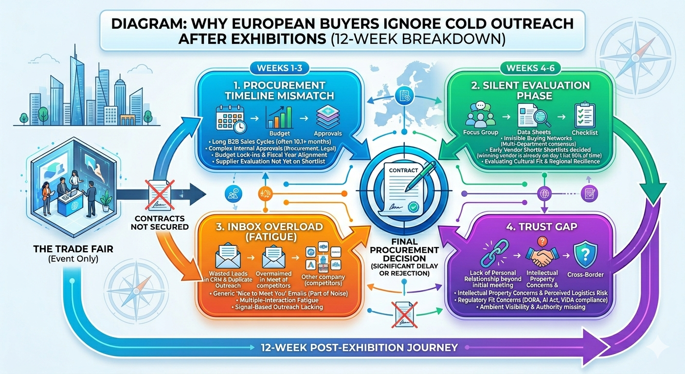 Diagram showing why European buyers ignore cold outreach after exhibitions: procurement timeline mismatch, silent evaluation, inbox overload, and trust gaps over 12 weeks