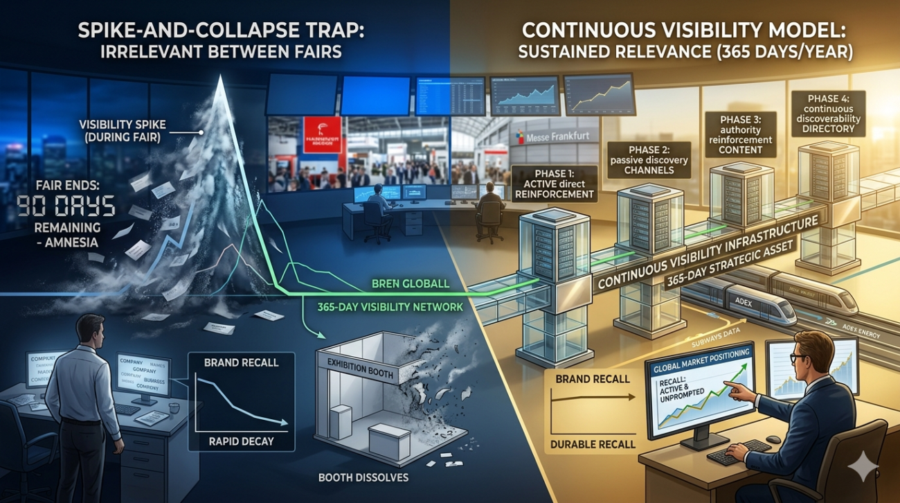 Continuous visibility model showing comparison between spike-and-collapse visibility pattern and sustained continuous visibility across 12-month procurement cycle with reinforcement touchpoints