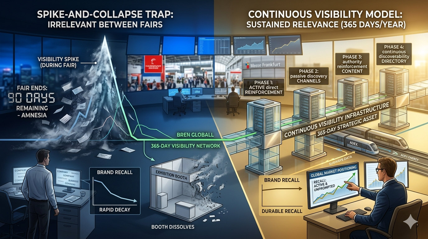 Continuous visibility model showing comparison between spike-and-collapse visibility pattern and sustained continuous visibility across 12-month procurement cycle with reinforcement touchpoints