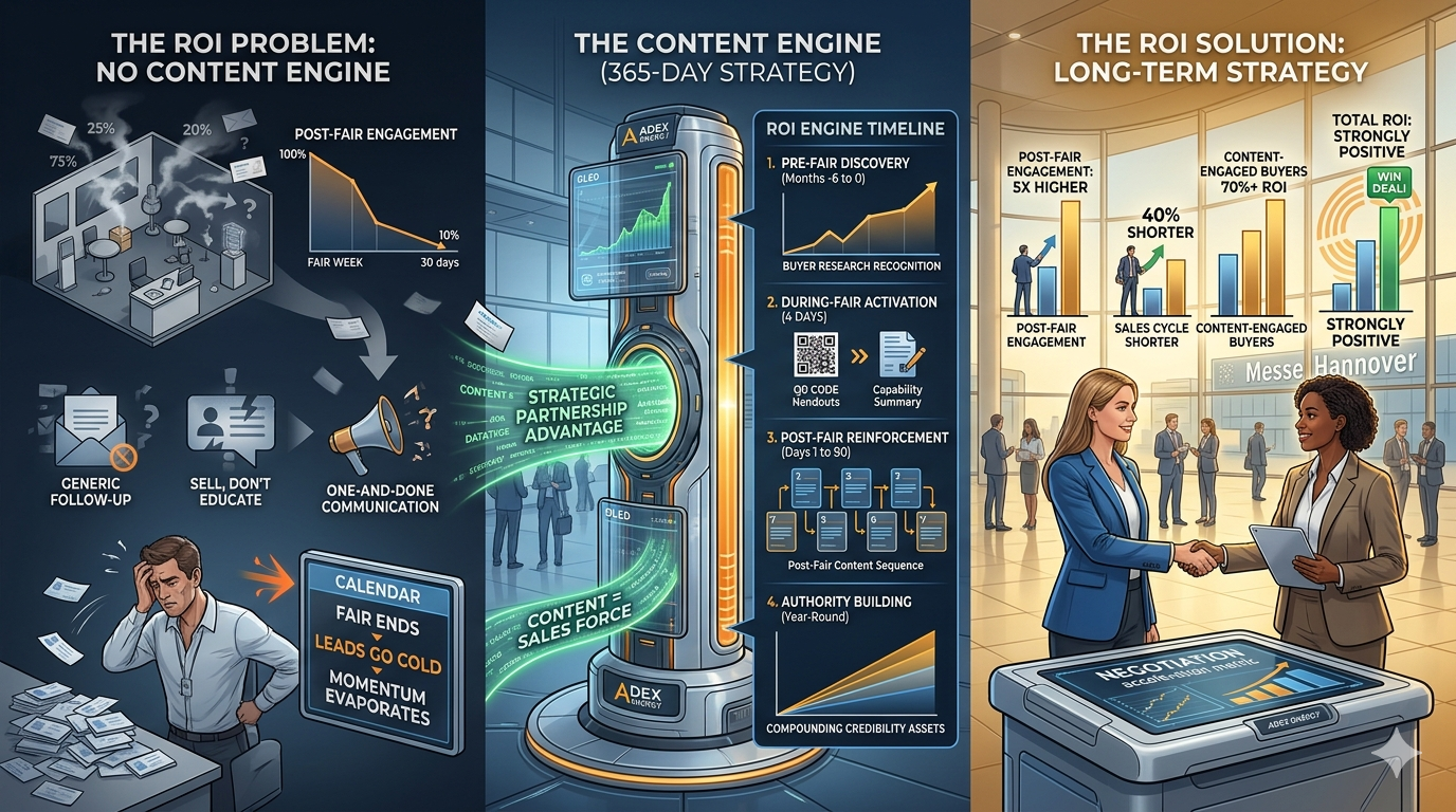 Exhibition content strategy showing content engine components including pre-fair discovery, during-fair activation, post-fair reinforcement sequence, and year-round authority building
