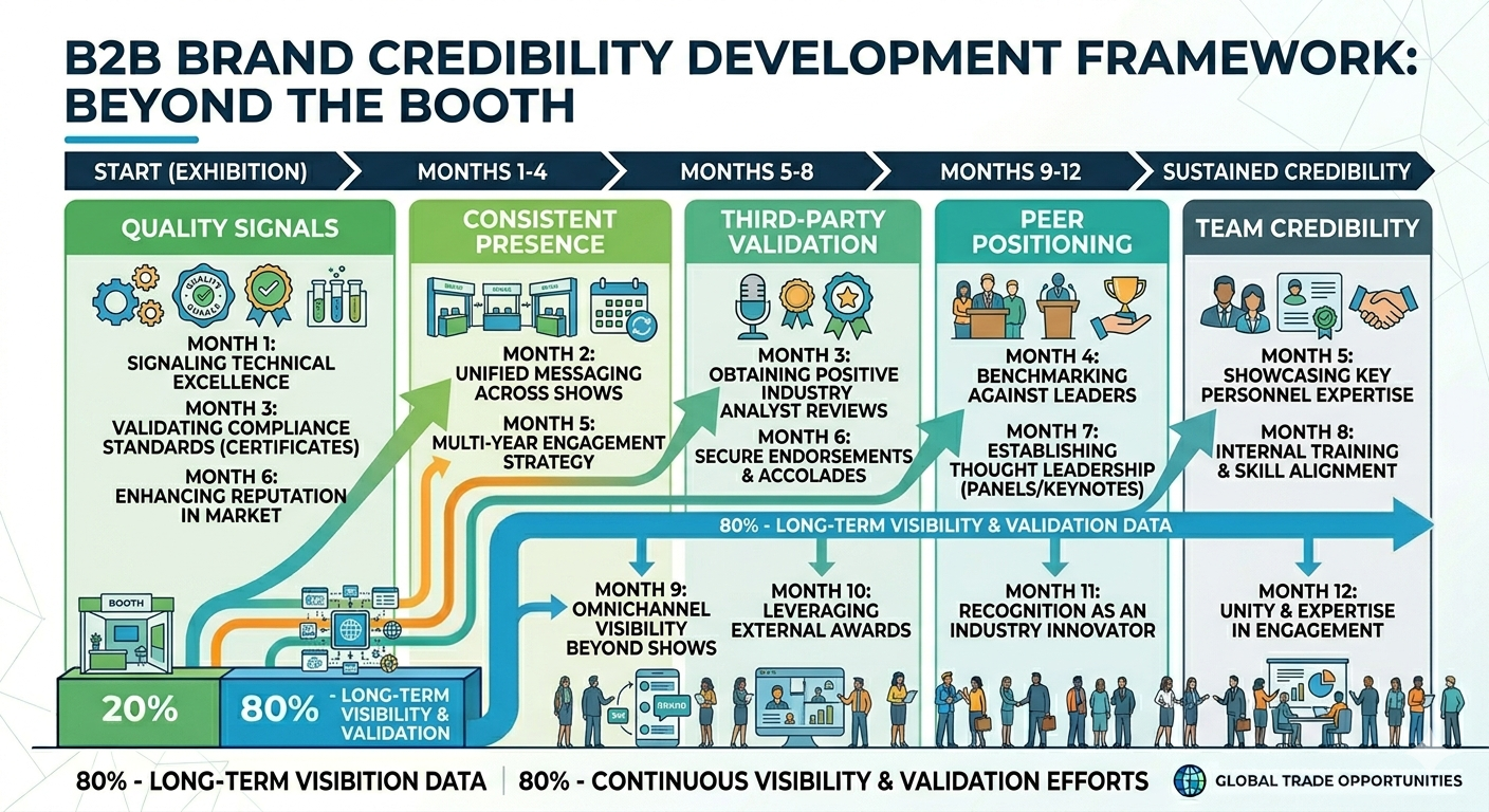Framework showing how to build exhibition credibility for B2B brands through quality signals, consistent presence, peer positioning, and continuous visibility over time