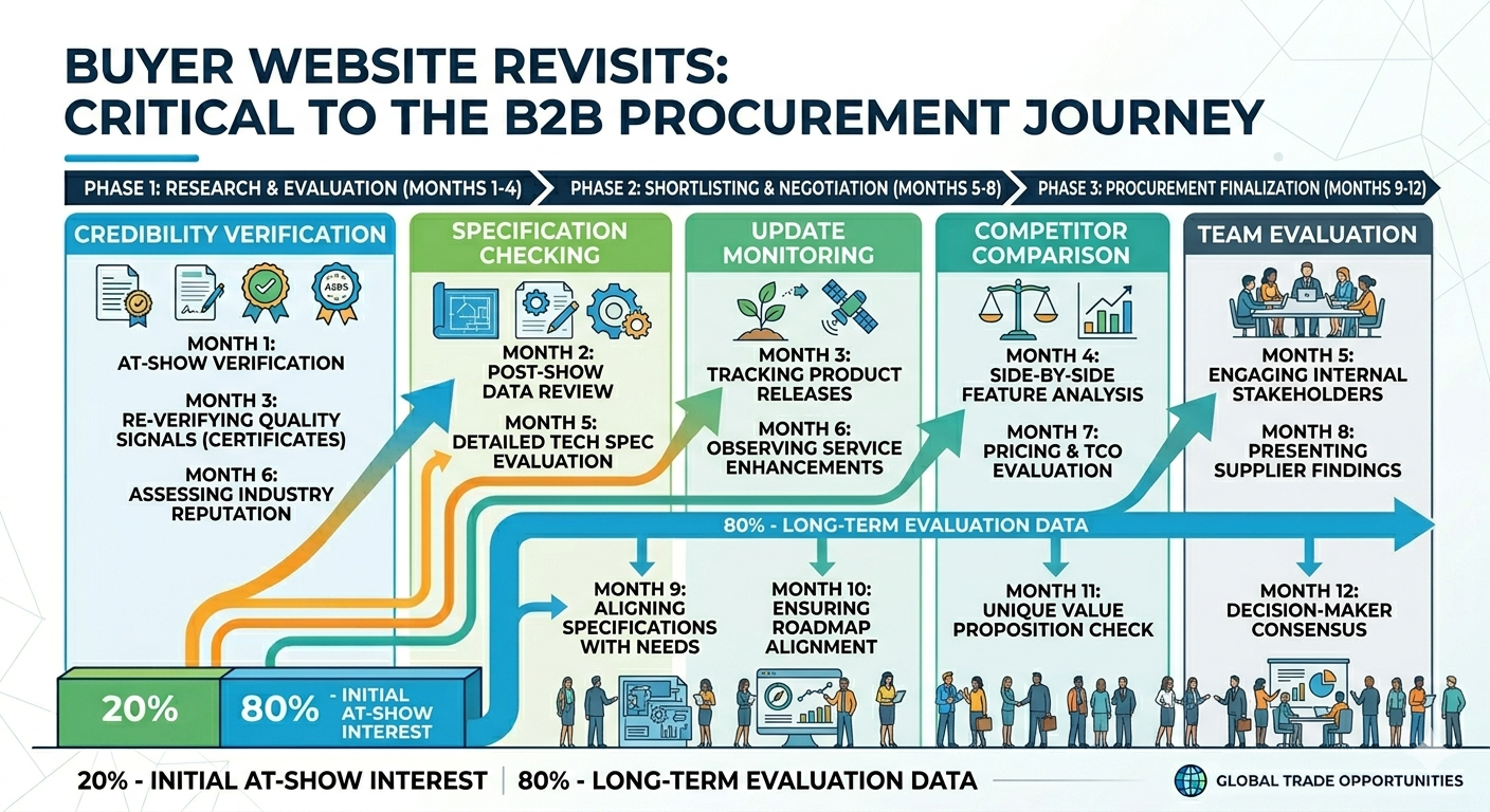 Diagram showing why buyers revisit exhibitor websites after trade fairs: credibility verification, specification checking, update monitoring, competitor comparison, and team evaluation over the procurement timeline