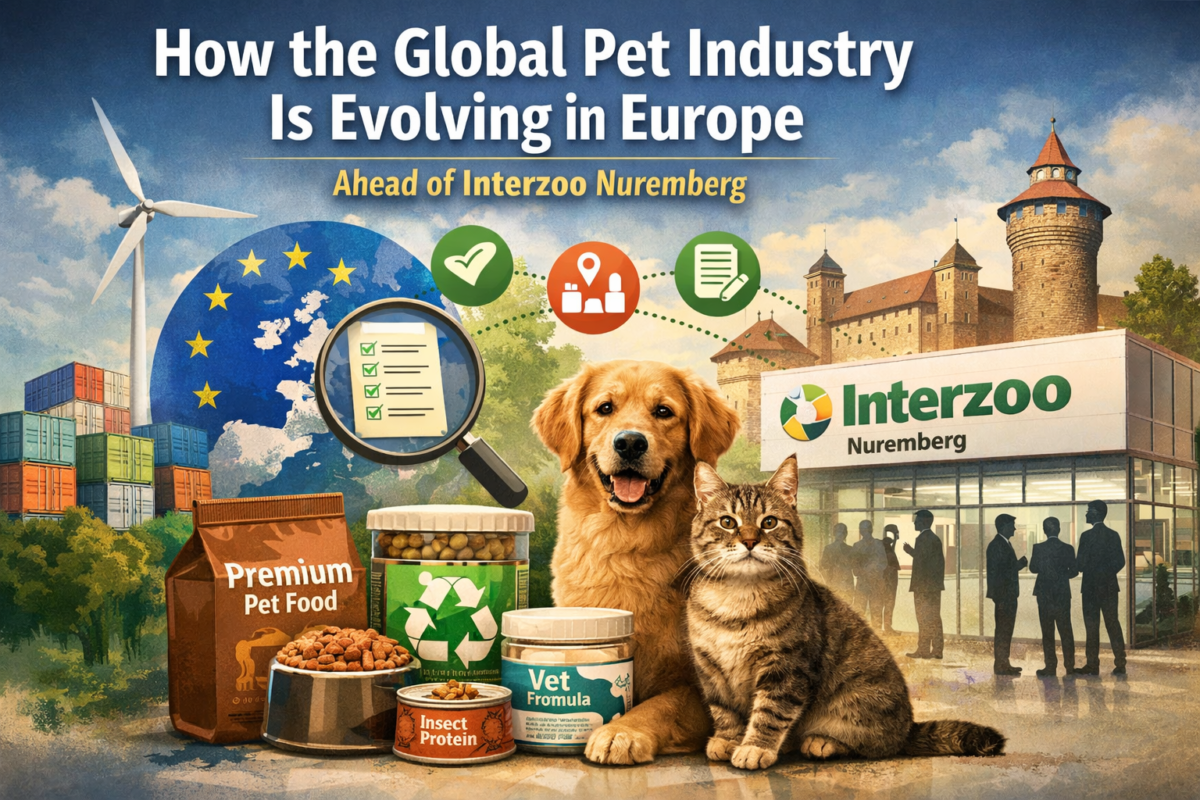 Global pet industry Europe market trends chart based on FEDIAF data, with Interzoo Nuremberg 90-day procurement timeline overlay