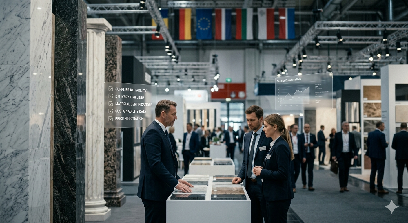 How European natural stone buyers choose suppliers: decision-making process showing pre-fair shortlisting, validation at trade fair, and evaluation criteria including consistency, compliance, and logistics reliability