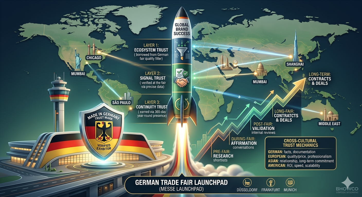 International buyer trust Germany trade fair ecosystem showing global procurement professionals evaluating exhibitors at Messe Frankfurt with year-round credibility signal