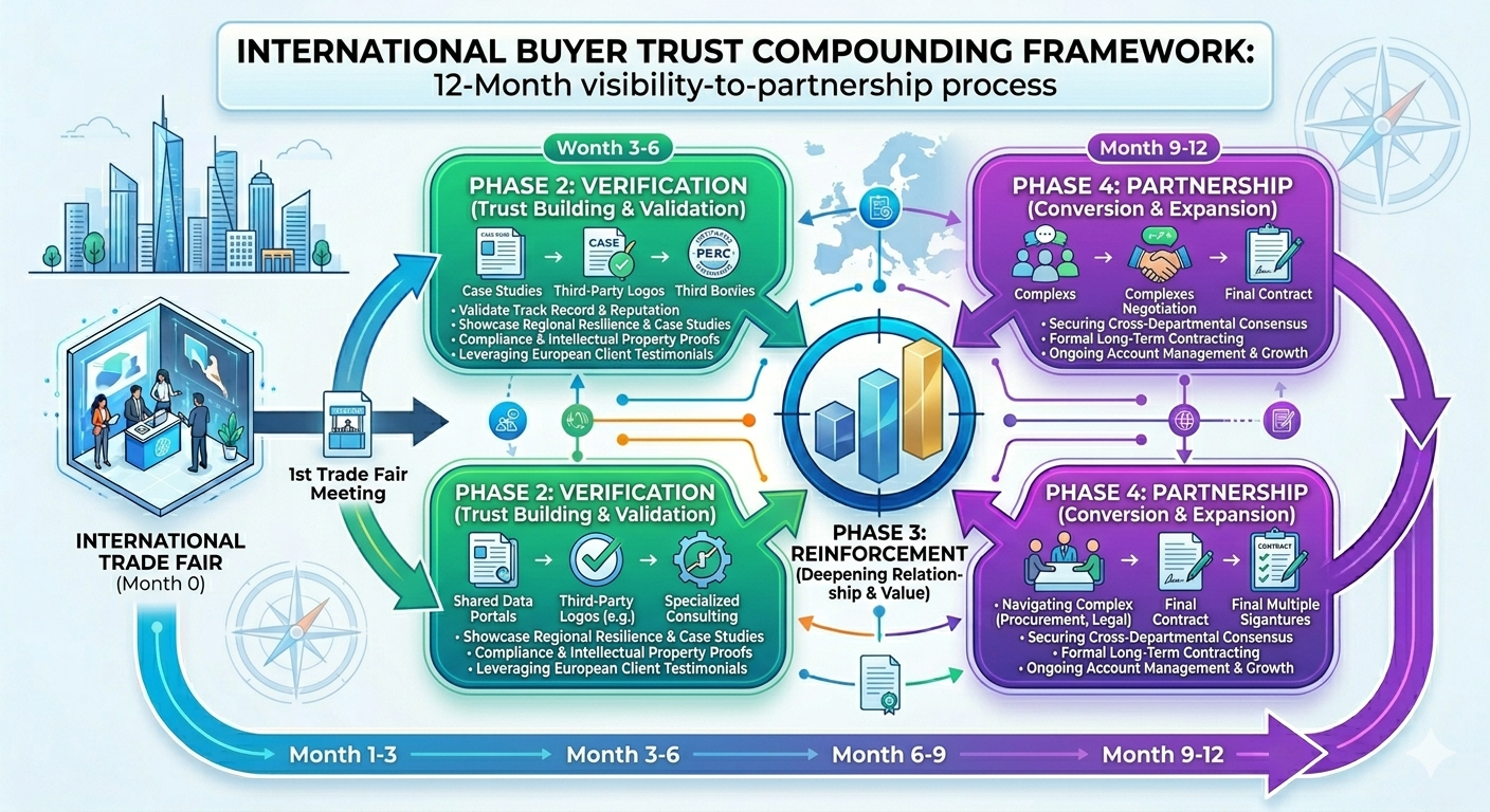 Framework showing how international buyer trust compounds through continuous visibility: awareness, verification, reinforcement, and partnership over 12 months