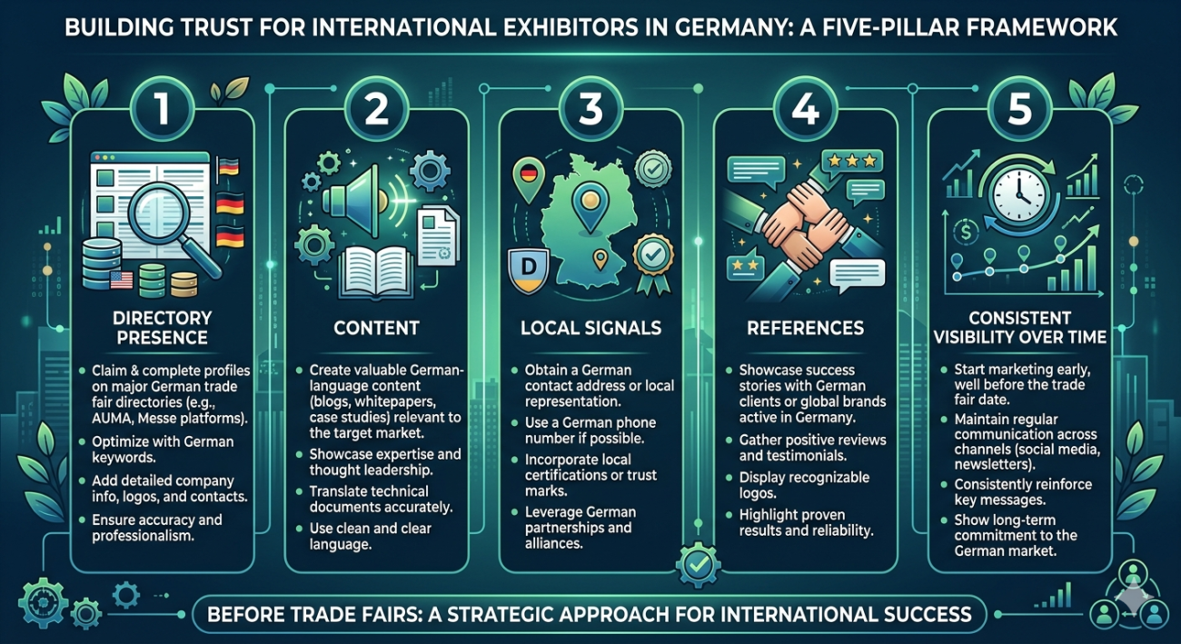 Framework showing how international exhibitors in Germany can build trust before trade fairs through five pillars: directory presence, content, local signals, references, and consistent visibility over time